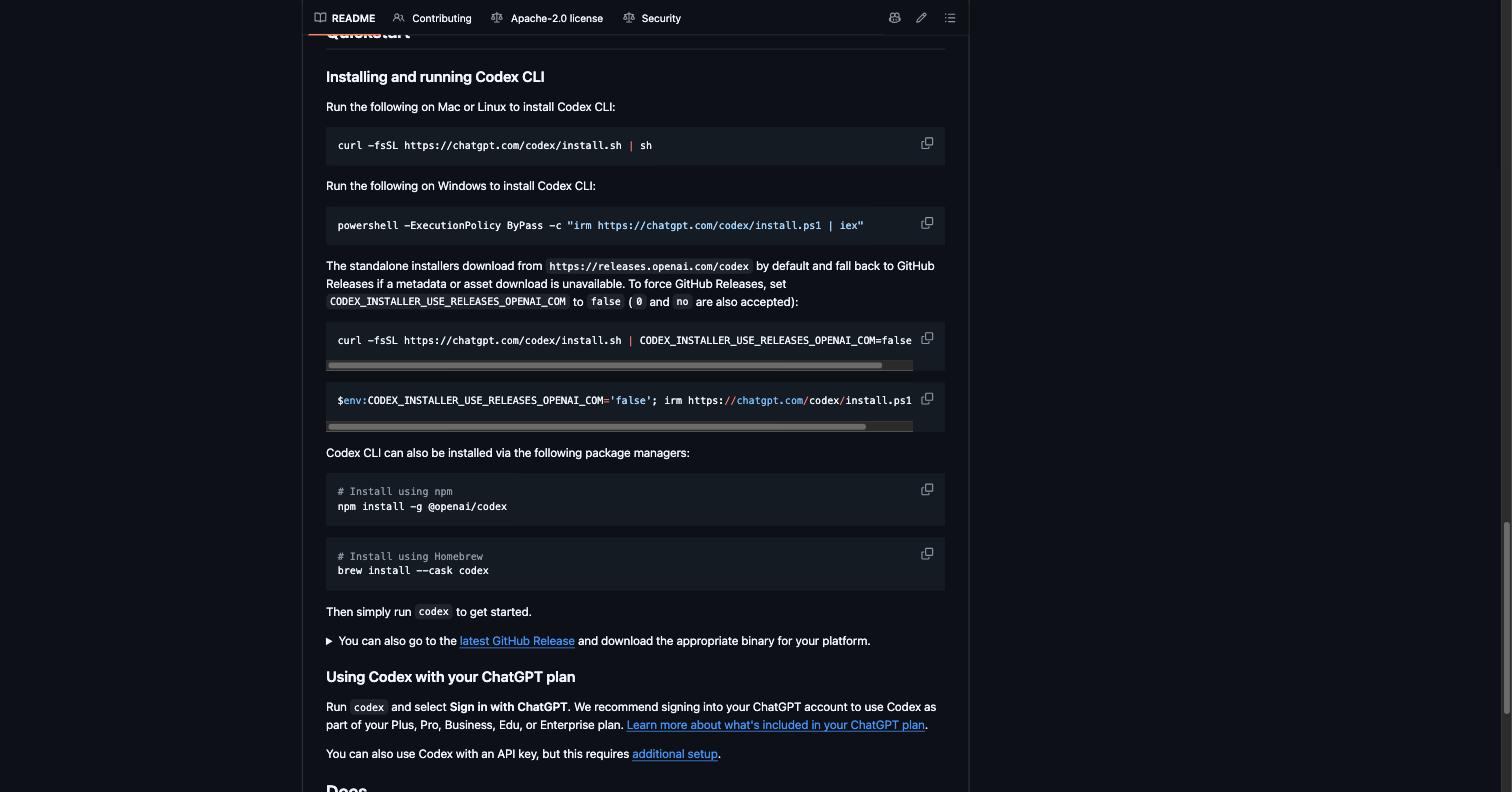 README oficial de Codex en GitHub, con el comando de instalación para Windows y la nota de que el paquete de npm es @openai/codex.