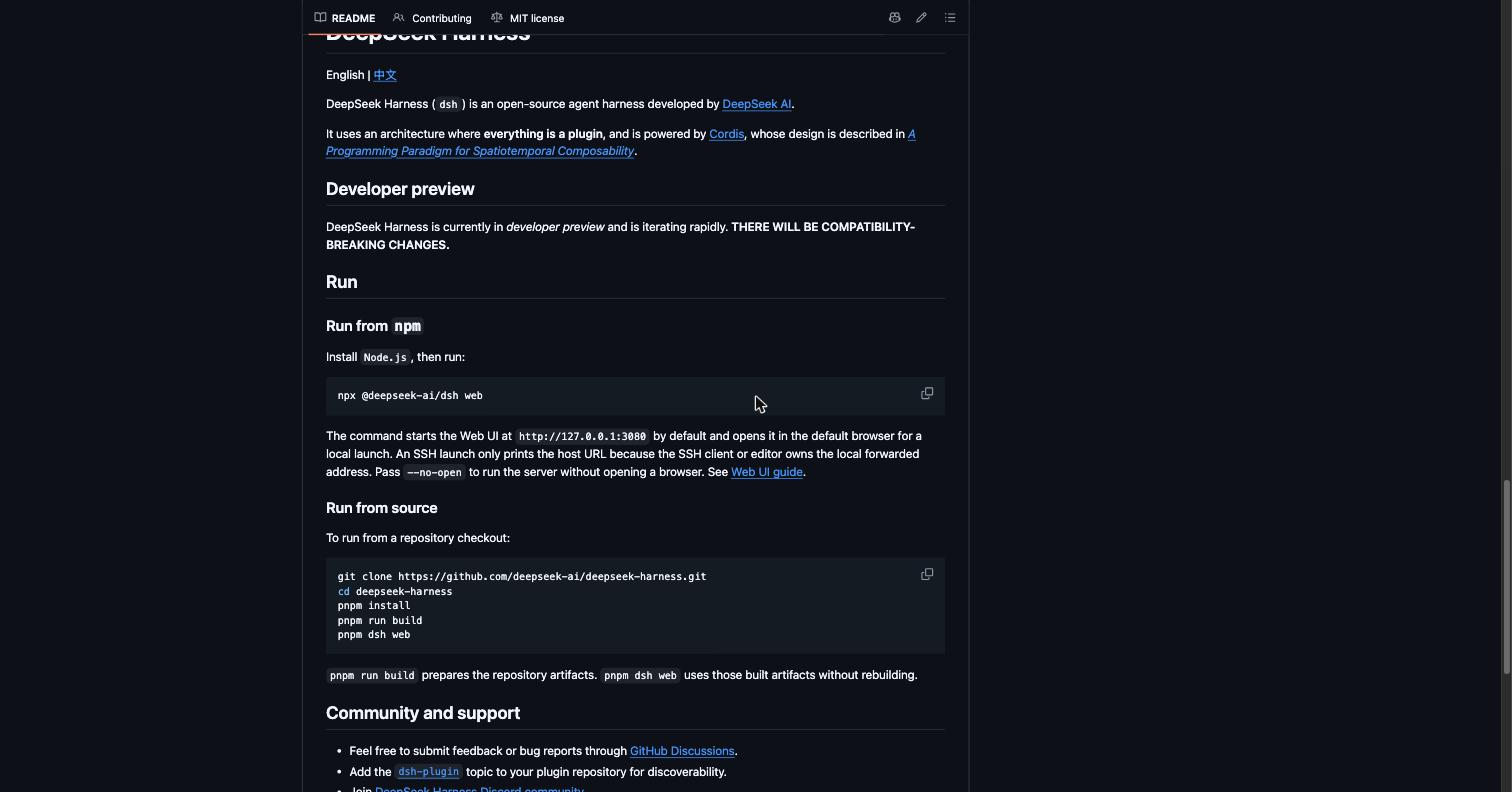 README de DeepSeek Harness en GitHub: la advertencia de versión de prueba y el comando npx @deepseek-ai/dsh web.