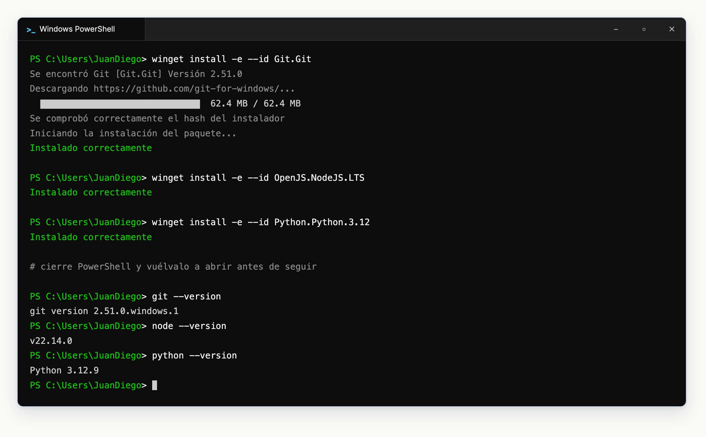 Sesión de PowerShell instalando Git, Node.js y Python con winget, y verificando las tres versiones.