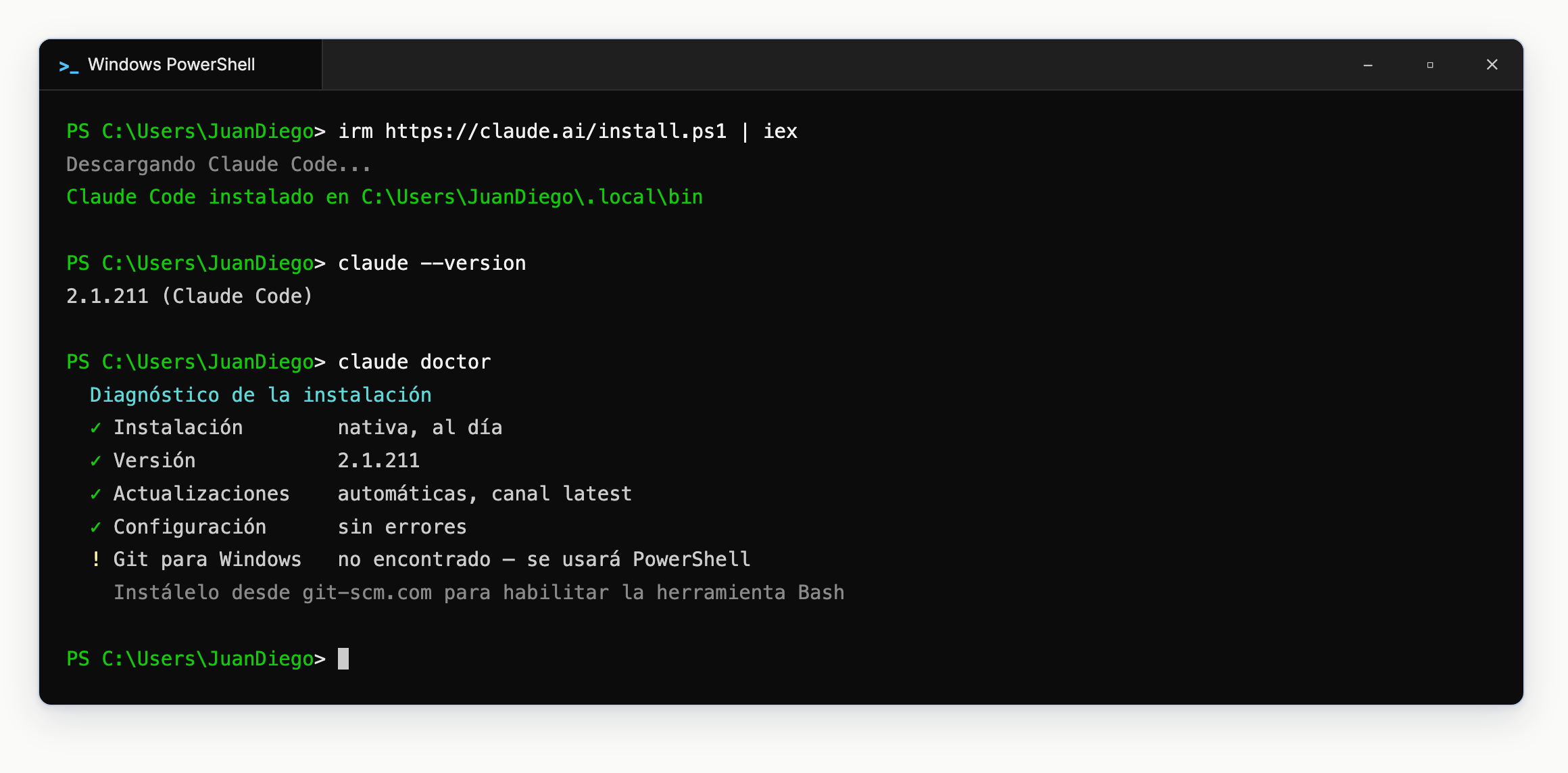 Sesión de PowerShell instalando Claude Code y corriendo claude doctor, que reporta la instalación al día y avisa que falta Git para Windows.