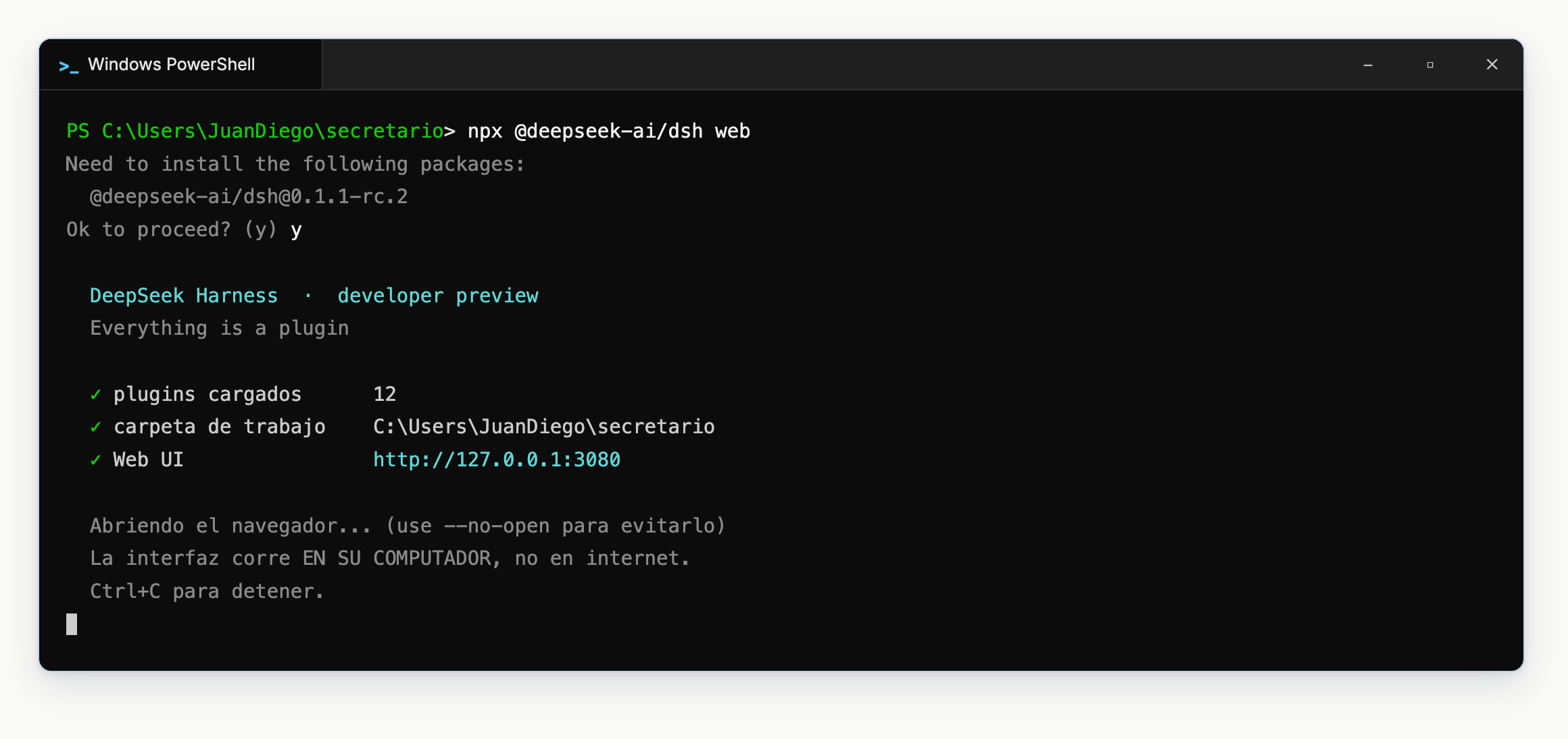 Sesión de PowerShell levantando DeepSeek Harness: muestra la carpeta de trabajo y la dirección local 127.0.0.1:3080.